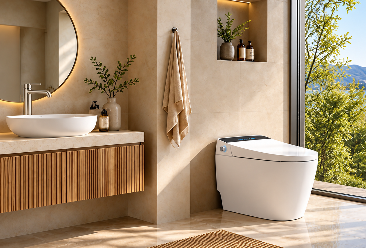 Moershu Faucet 2058 and AthenaS MaxB in a warm stone bathroom