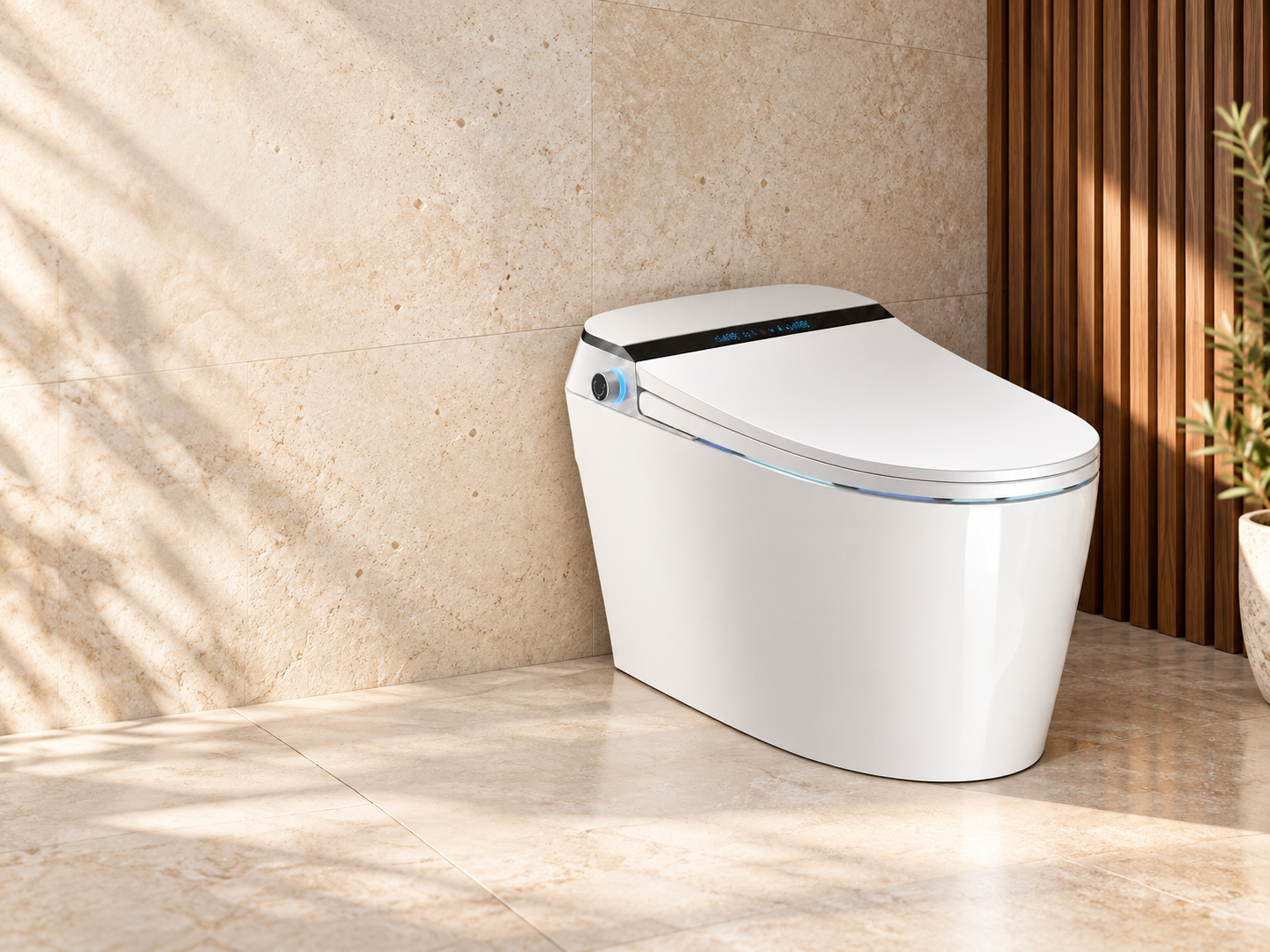 AthenaS MaxB smart toilet in a warm stone bathroom